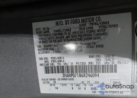 2006 Ford Fusion Se z USA, uszkodzony, nr VIN 3FAHP07186R246094